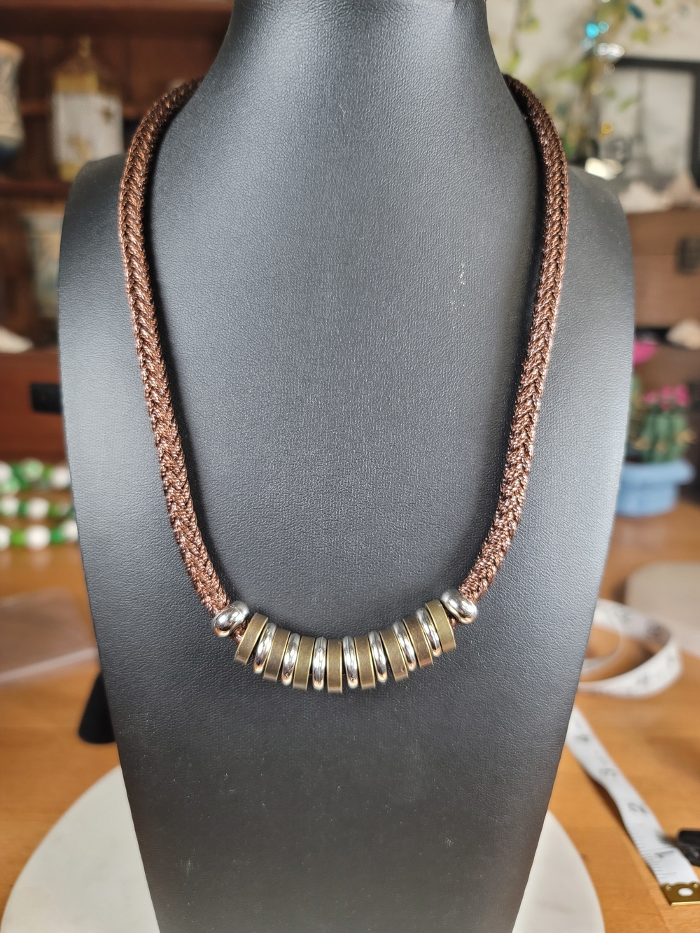 paparazzi Brown Braided Necklace with Brass & Silver-Tone Discs